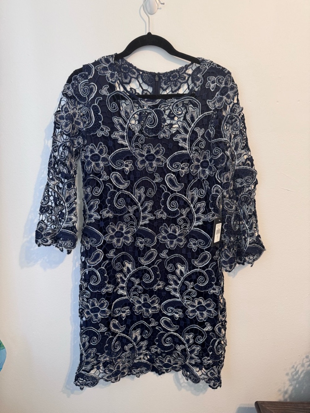 NWT Marina Navy Blue & Silver Embroidered Lace Sheath Dress 10P